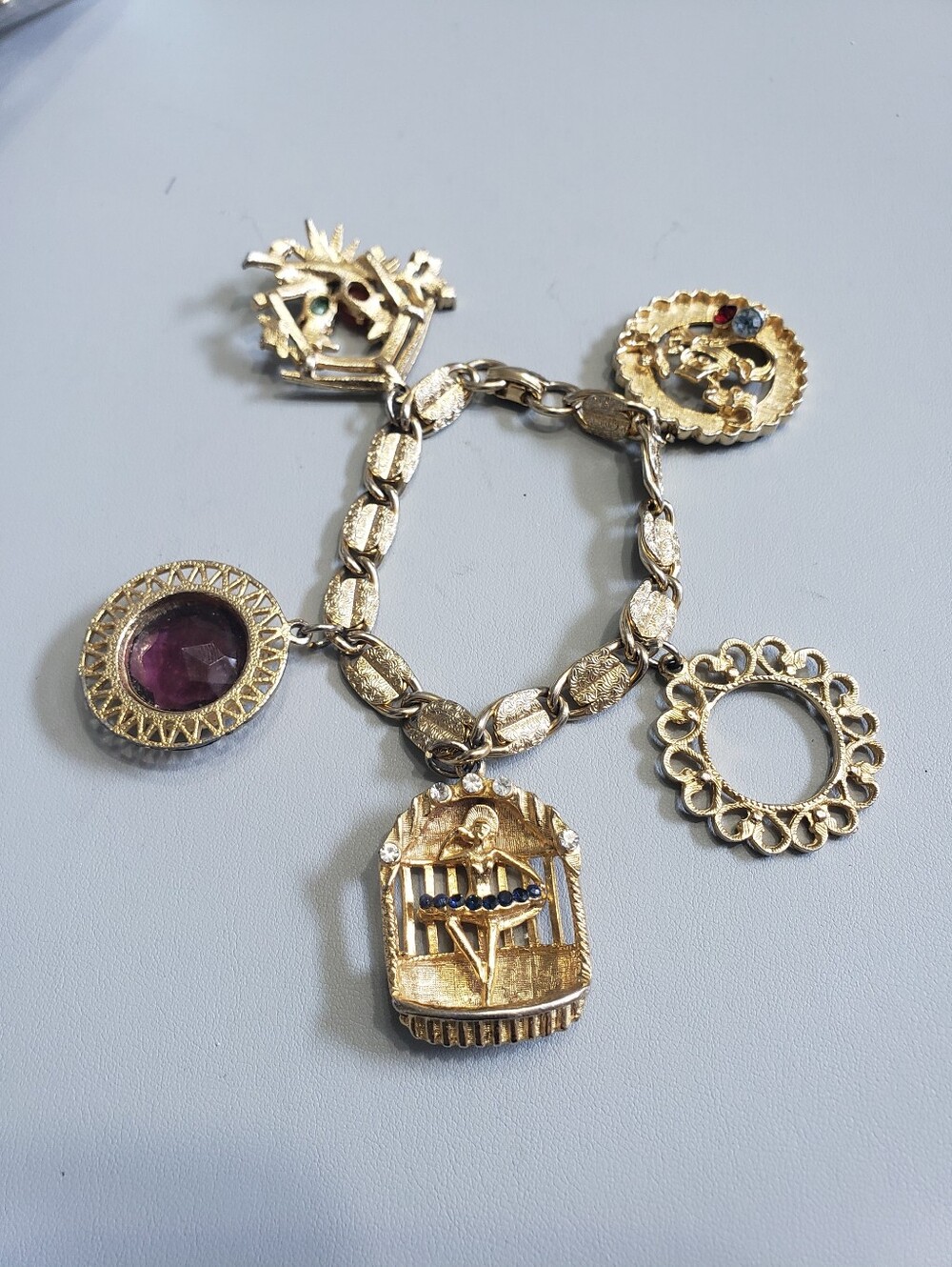 Vintage Gold-Tone Charm Bracelet with Multicolor Gem Accents - Gold - Picture 2 of 2